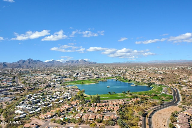 aerial view featuring a residential view and a water and mountain view