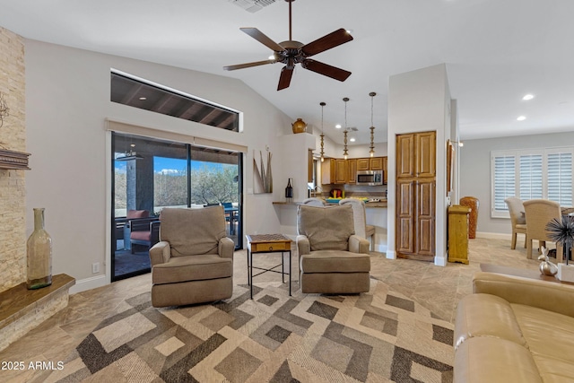 living area featuring baseboards, visible vents, a ceiling fan, high vaulted ceiling, and recessed lighting