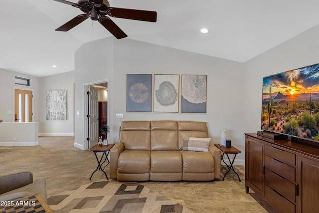 living area featuring ceiling fan, baseboards, vaulted ceiling, and recessed lighting