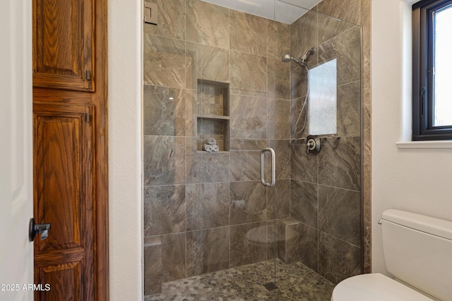 bathroom with a stall shower, plenty of natural light, and toilet