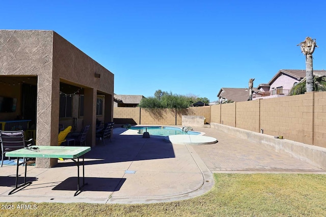 view of pool featuring a fenced in pool, a fenced backyard, and a patio