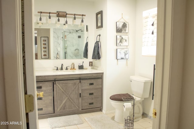 375 S Companero Rd, Saint David, AZ 85630 - bathroom with toilet, vanity, a marble finish shower, and tile patterned flooring