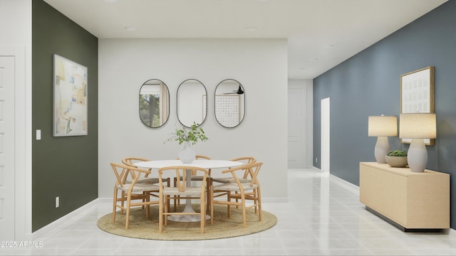 dining area with light tile patterned floors, baseboards, and recessed lighting