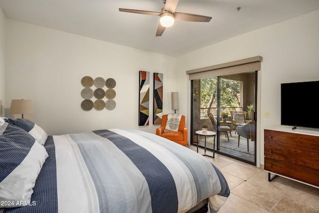 tiled bedroom with access to exterior and ceiling fan