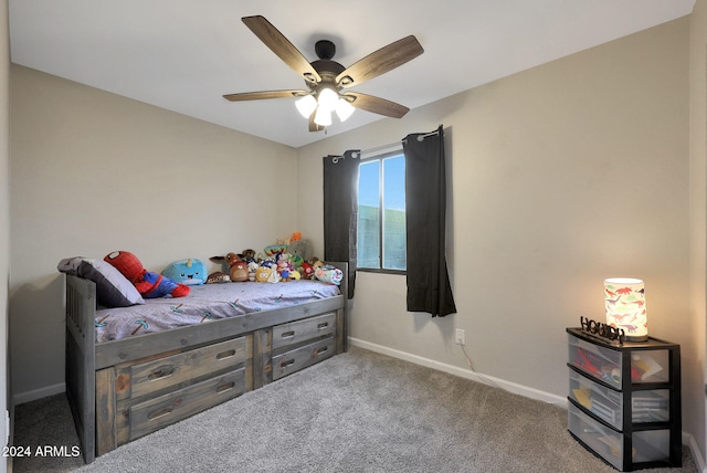 carpeted bedroom featuring ceiling fan