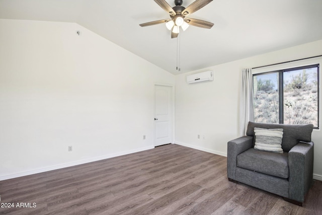 living area featuring dark wood-type flooring, an AC wall unit, ceiling fan, and lofted ceiling