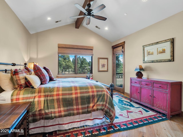 bedroom featuring access to exterior, lofted ceiling with beams, ceiling fan, and light wood-type flooring