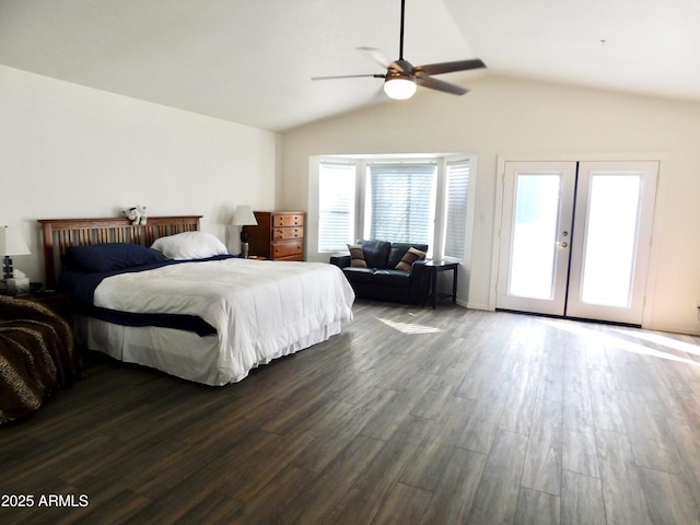 bedroom featuring lofted ceiling, ceiling fan, french doors, and dark hardwood / wood-style floors