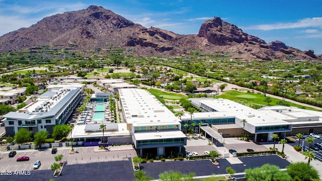 drone / aerial view featuring a mountain view