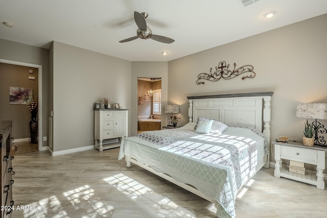 bedroom featuring ceiling fan and light wood-type flooring