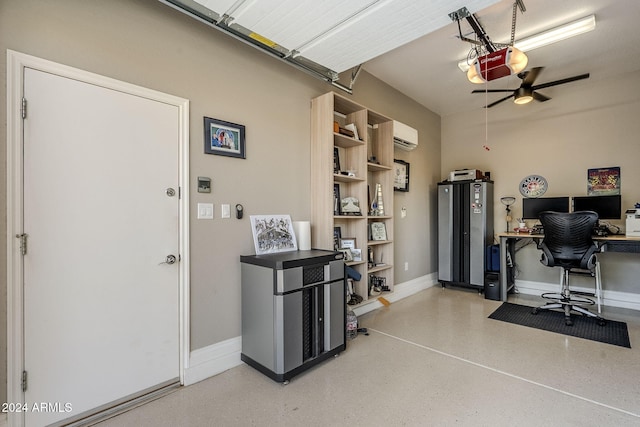 garage with a garage door opener and ceiling fan