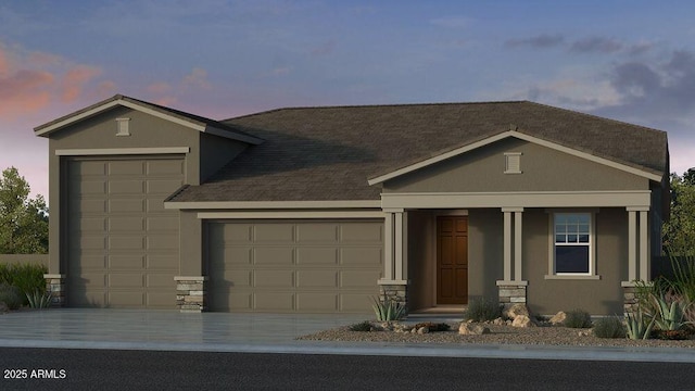 17832 W San Miguel Ave, Litchfield Park, AZ 85340 - view of front facade featuring an attached garage, concrete driveway, stucco siding, a shingled roof, and a porch