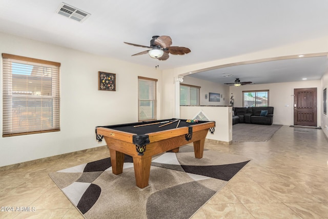 game room with pool table and ceiling fan