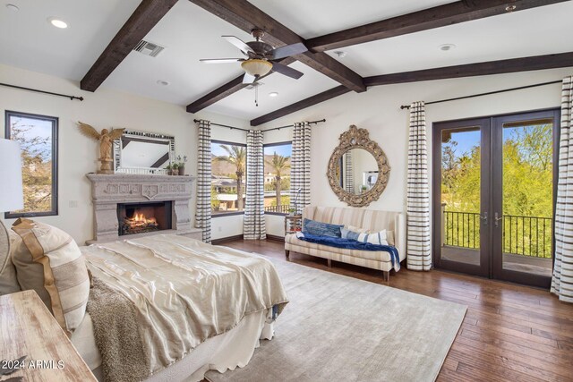 bedroom featuring vaulted ceiling with beams, french doors, access to exterior, ceiling fan, and dark wood-type flooring