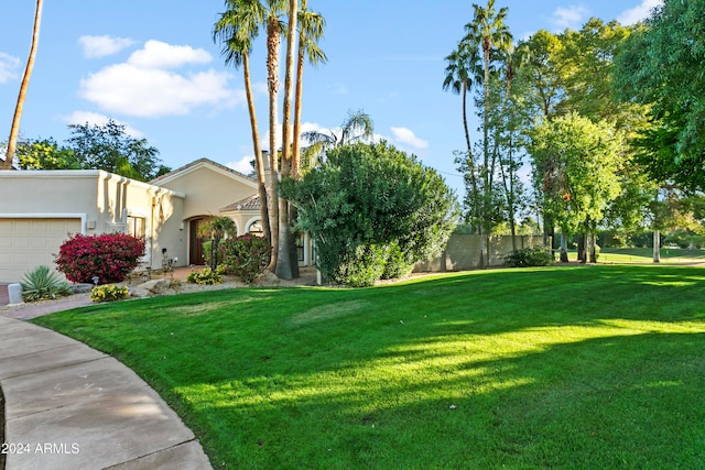 view of yard with a garage