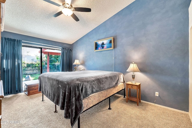 bedroom with carpet, vaulted ceiling, access to outside, and a textured ceiling