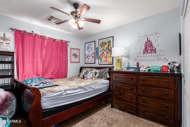 bedroom featuring ceiling fan and light colored carpet