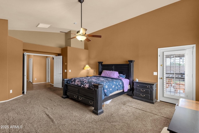 11101 W Wilshire Dr, Avondale, AZ 85392 - bedroom with high vaulted ceiling, carpet flooring, access to outside, baseboards, and ceiling fan