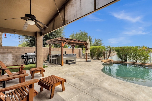 11101 W Wilshire Dr, Avondale, AZ 85392 - view of patio featuring a hot tub, a pergola, a fenced backyard, a grill, and ceiling fan