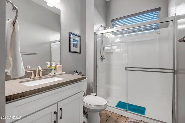 bathroom featuring vanity, toilet, and a shower with door