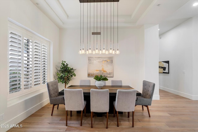 dining room featuring baseboards, a raised ceiling, and wood finished floors