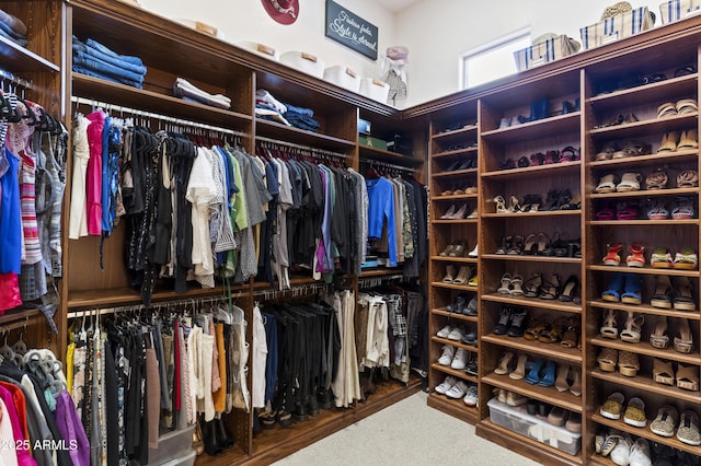 walk in closet with carpet