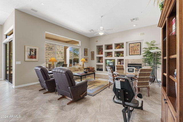 interior space featuring ceiling fan