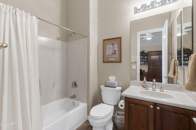 full bathroom with toilet, vanity, ceiling fan, and shower / bathtub combination with curtain