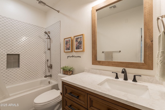 full bathroom featuring shower / washtub combination, toilet, and vanity