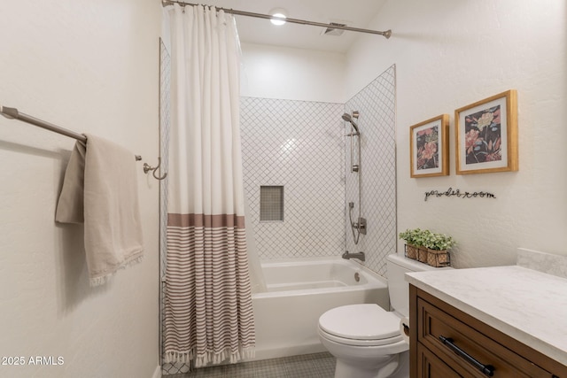 bathroom featuring shower / bath combo, toilet, and vanity