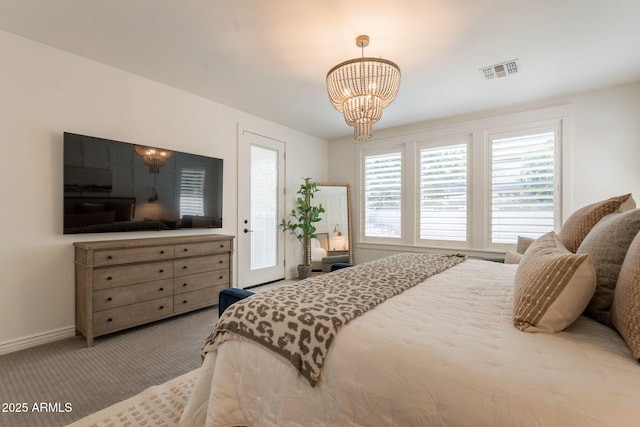 bedroom with a chandelier, carpet, access to exterior, and baseboards