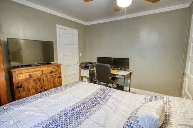 bedroom with ceiling fan, baseboards, and ornamental molding