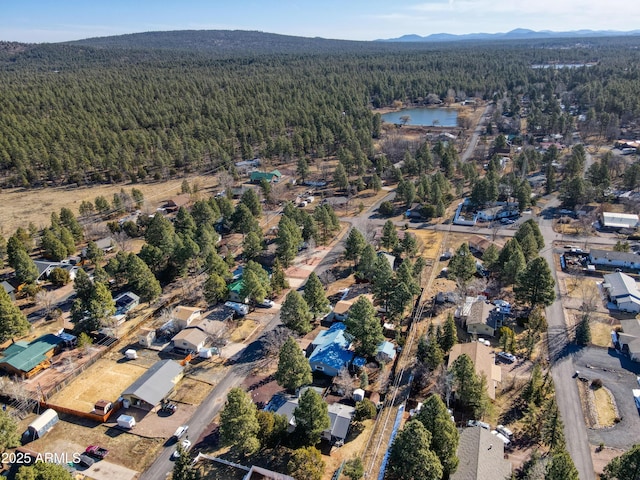 aerial view with a view of trees and a water and mountain view