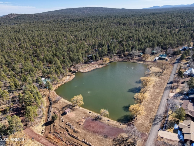 bird's eye view featuring a forest view and a water and mountain view