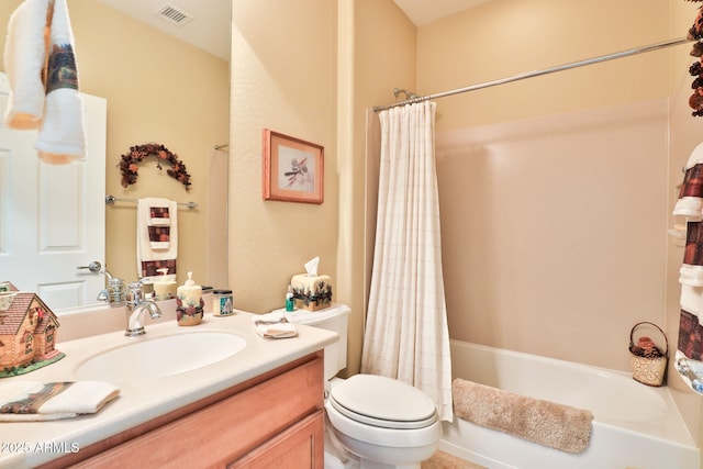 full bath featuring toilet, shower / bath combination with curtain, vanity, and visible vents