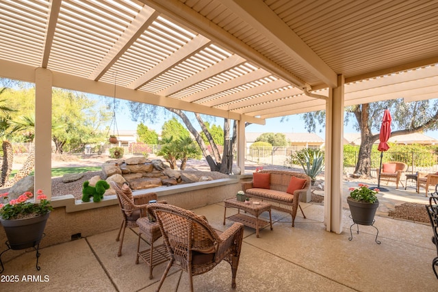 view of patio / terrace with a pergola and outdoor lounge area