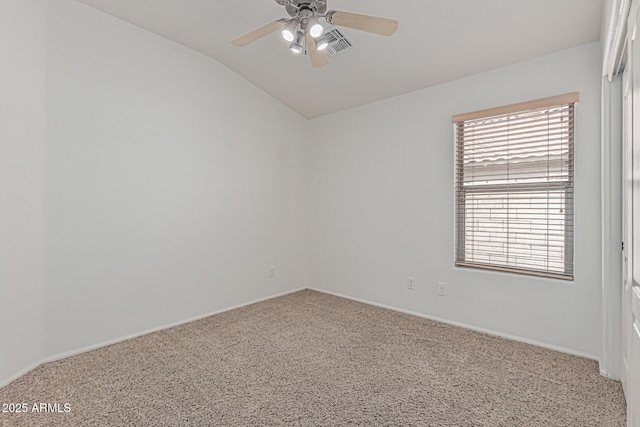 708 E Mule Train Trl, San Tan Valley, AZ 85143 - spare room with a ceiling fan, visible vents, baseboards, lofted ceiling, and carpet flooring