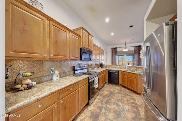 kitchen with backsplash, light stone counters, sink, black appliances, and decorative light fixtures