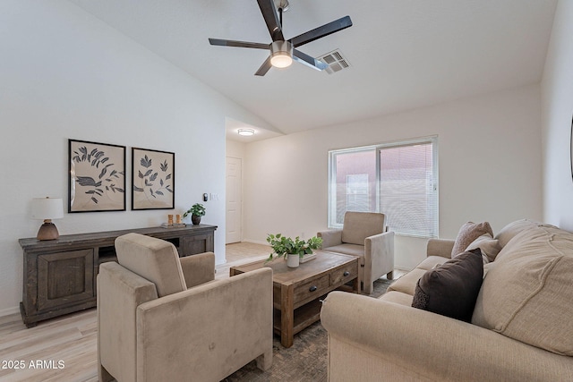 11805 W Sunnyside Dr, El Mirage, AZ 85335 - living area featuring a ceiling fan, vaulted ceiling, light wood finished floors, and baseboards