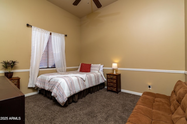 bedroom featuring ceiling fan, lofted ceiling, and dark carpet