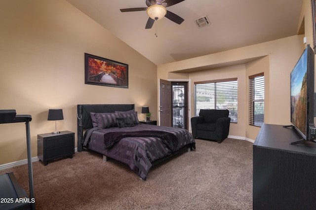 carpeted bedroom with vaulted ceiling and ceiling fan