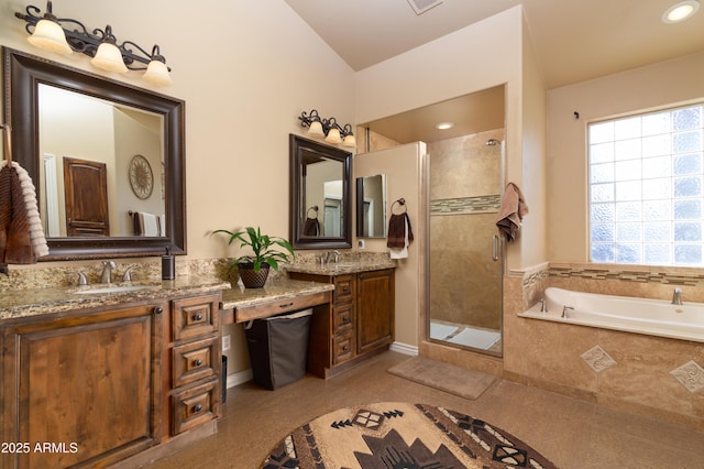 bathroom with lofted ceiling, vanity, plus walk in shower, and tile patterned flooring