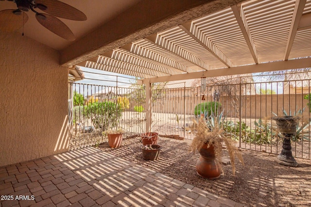 22319 N Desperado Dr, Sun City West, AZ 85375 - view of patio featuring a ceiling fan, fence, and a pergola