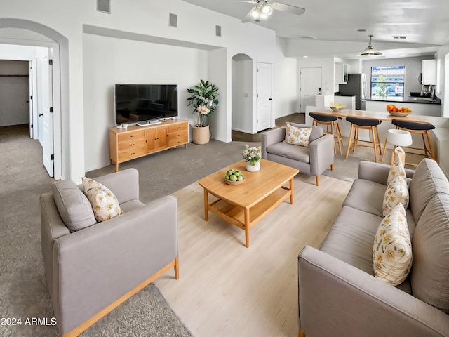 living room featuring ceiling fan