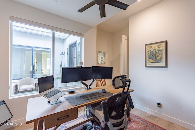 office area featuring ceiling fan and hardwood / wood-style flooring