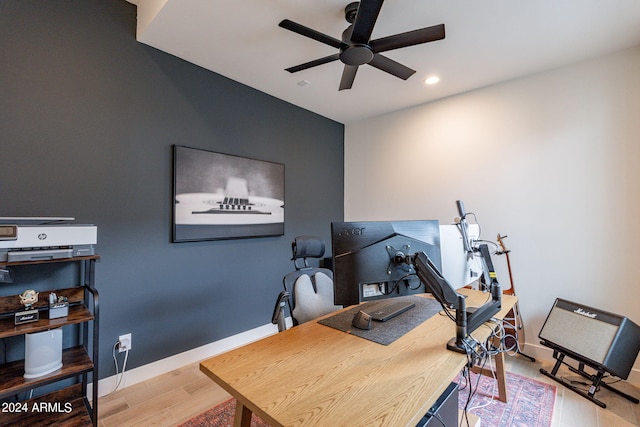 office space featuring ceiling fan and wood-type flooring