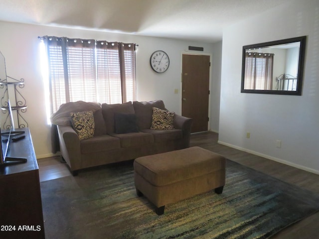 living room with dark hardwood / wood-style flooring