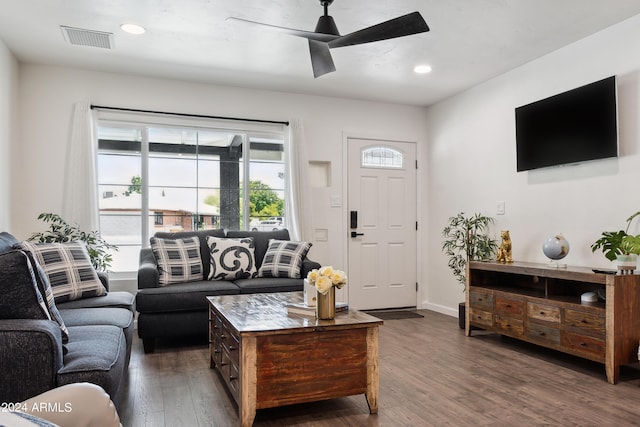 3814 N 36th St, Phoenix, AZ 85018 - living area with ceiling fan, dark wood finished floors, and recessed lighting