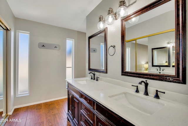 bathroom featuring vanity, wood-type flooring, and plenty of natural light