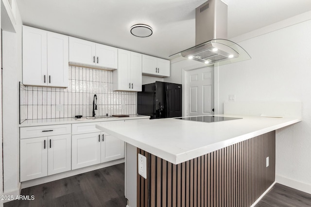 kitchen featuring decorative backsplash, dark wood-style flooring, island range hood, a sink, and black appliances